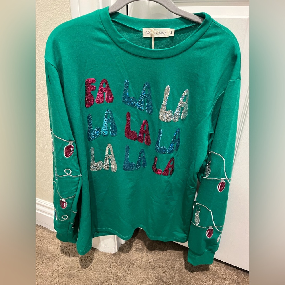 Green Sequin 'Fa La La' Holiday Sweatshirt -